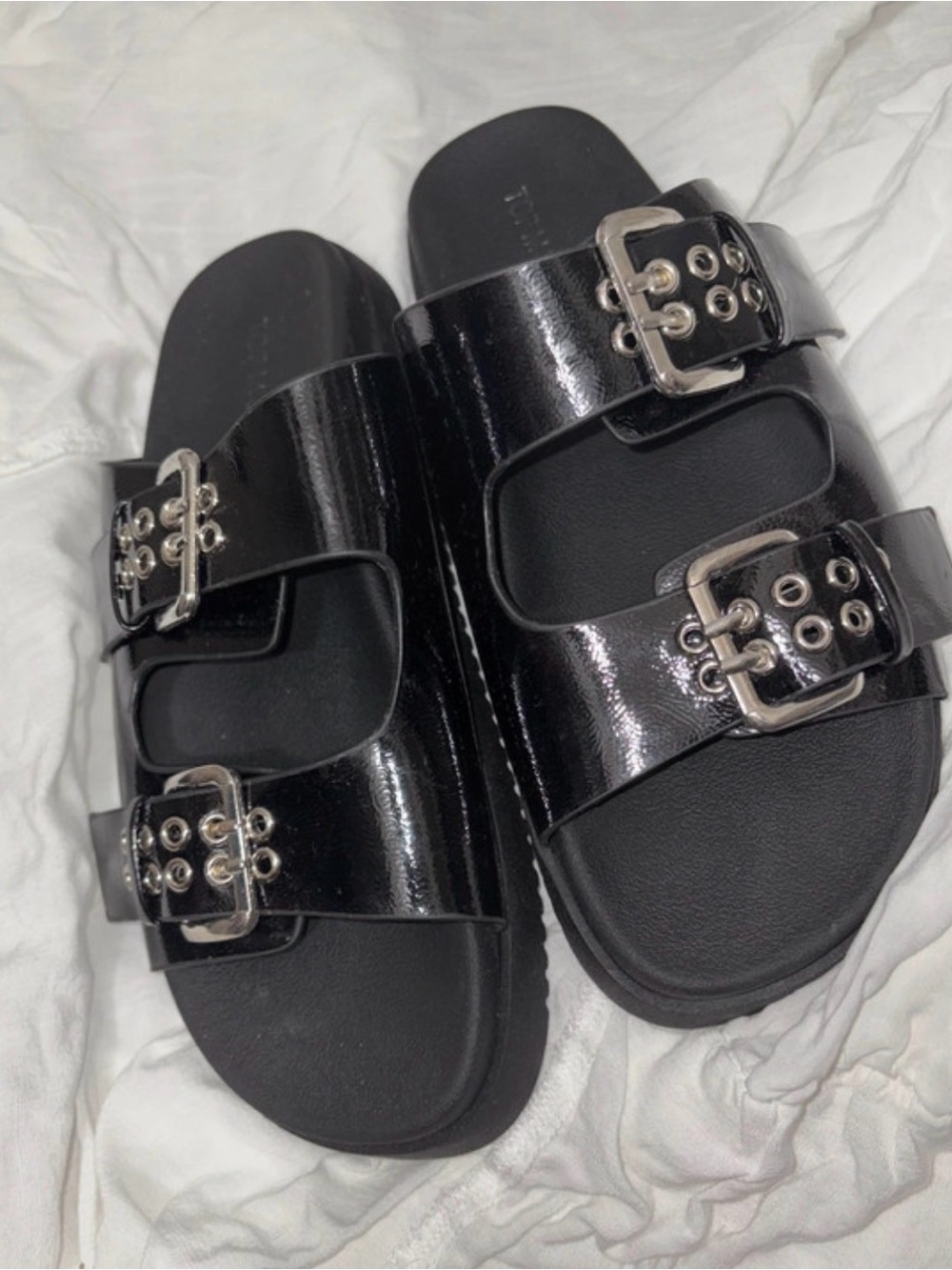 Black Double-Buckle Slide Sandals - Women